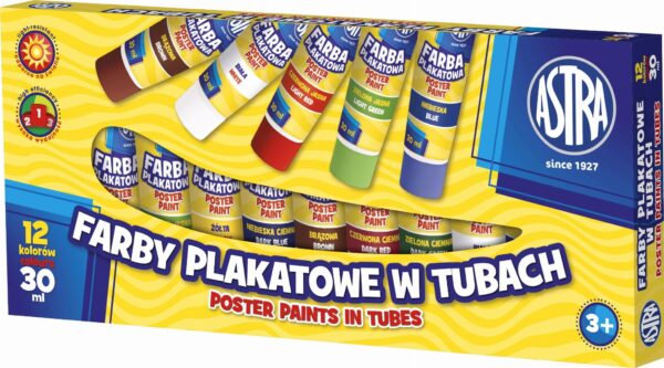 Farby plakatowe 12 kolorów 30ml tuba Astra